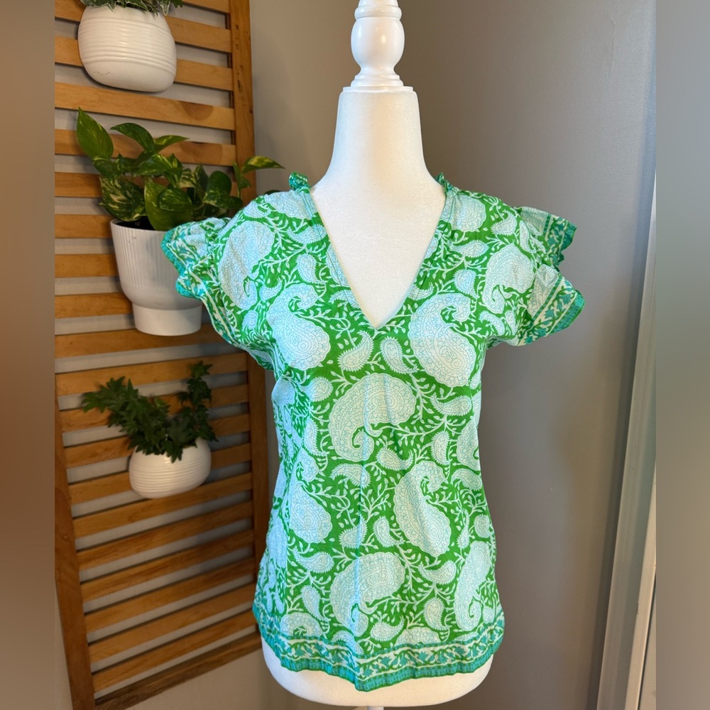 La Plage Floral Flutter Sleeve Top Blouse Green White Paisley, XS $170